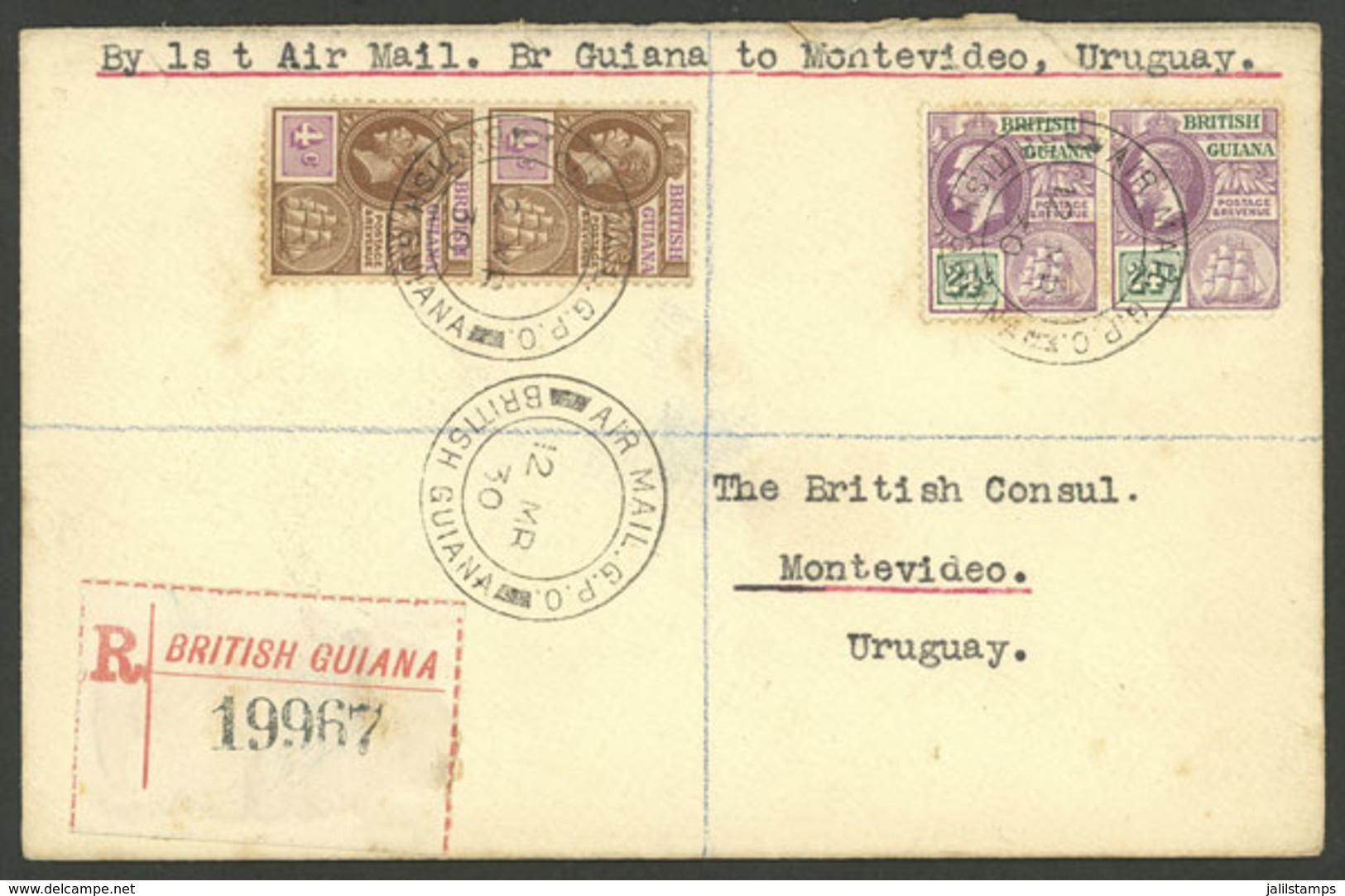 BRITISH GUIANA: 12/MAR/1930 FIRST FLIGHT To Montevideo, Uruguay: Registered Cover With Arrival Mark Of 22/MAR, Very Fine - Sonstige & Ohne Zuordnung