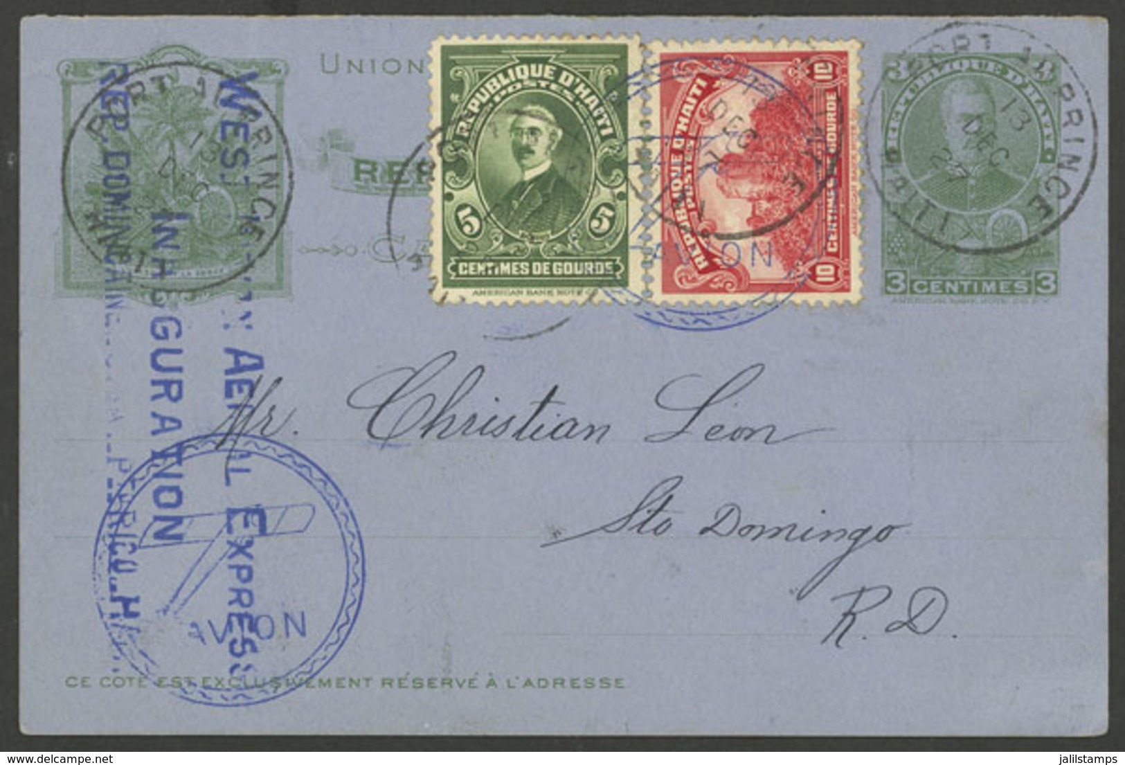 HAITI: 13/DE/1927 Port Au Price - Santo Domingo, First Flight, 3c. Postal Card With Additional Franking, Arrival Backsta - Haiti