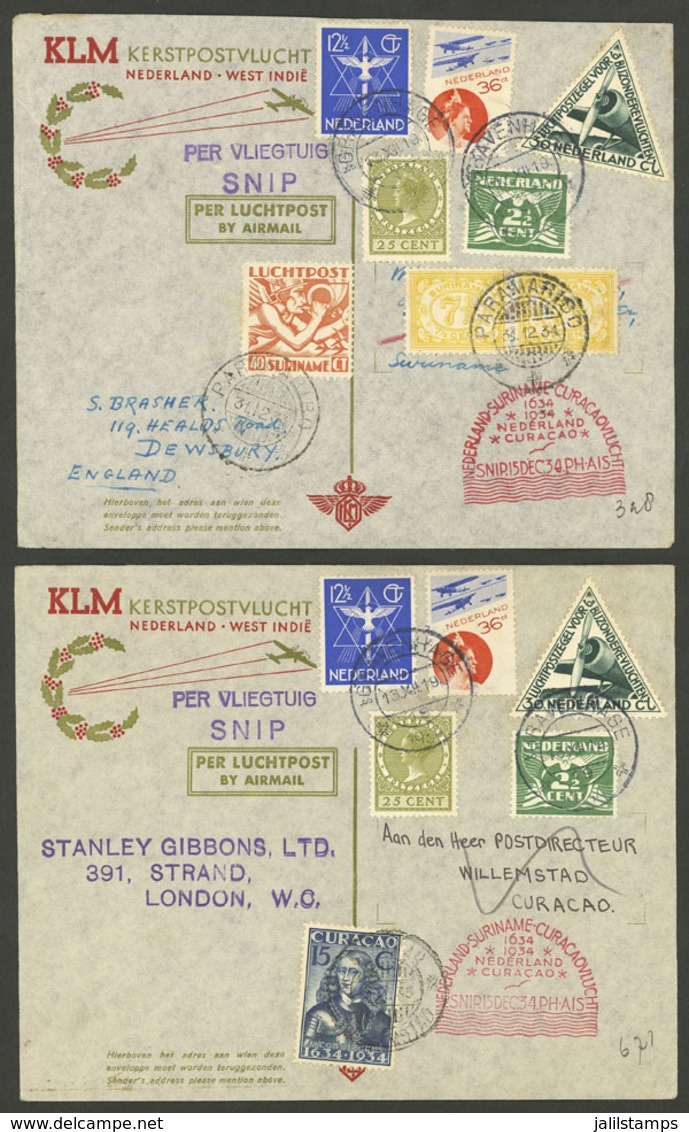 NETHERLANDS: 13/DE/1934 2 Covers Flown To Suriname And Curaçao By KLM, With Additional Postages Of Those Colonies And Fi - Storia Postale