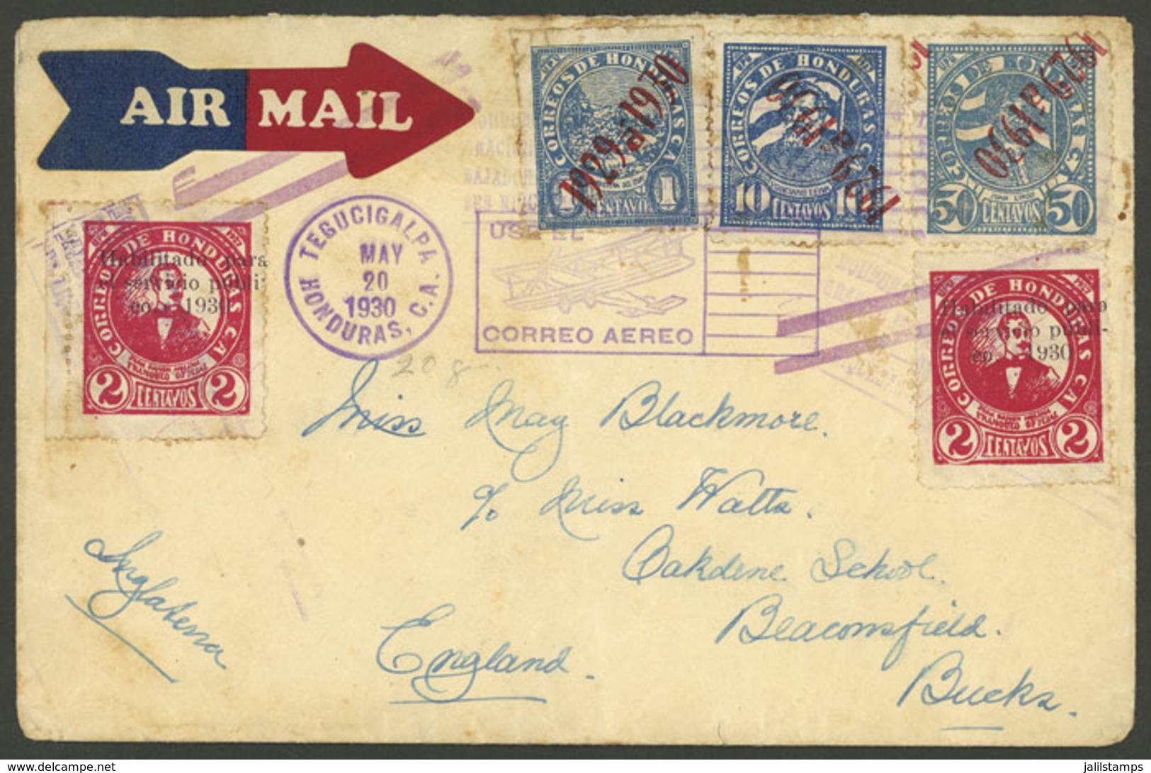 HONDURAS: 20/MAY/1930 Tegucigalpa - England, Airmail Cover With Very Nice Postage, Back Flap Missing, With A Mark Of San - Honduras