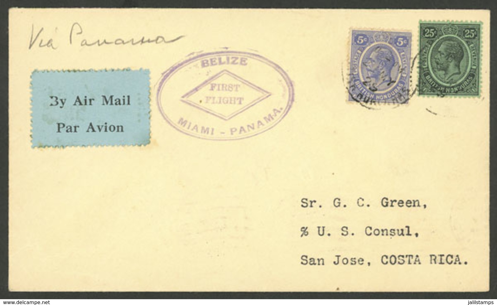 BRITISH HONDURAS: 23/MAY/1929 First Flight Belize - Cristobal (Canal Zone), Cover Sent To San José (Costa Rica), With Ar - Otros & Sin Clasificación