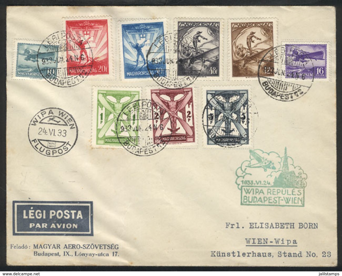 HUNGARY: Sc.C26/C34, 1933 Complete Set Of 9 Values Franking A Cover Flown On The Budapest - Wien Special Flight Of 24/JU - Storia Postale