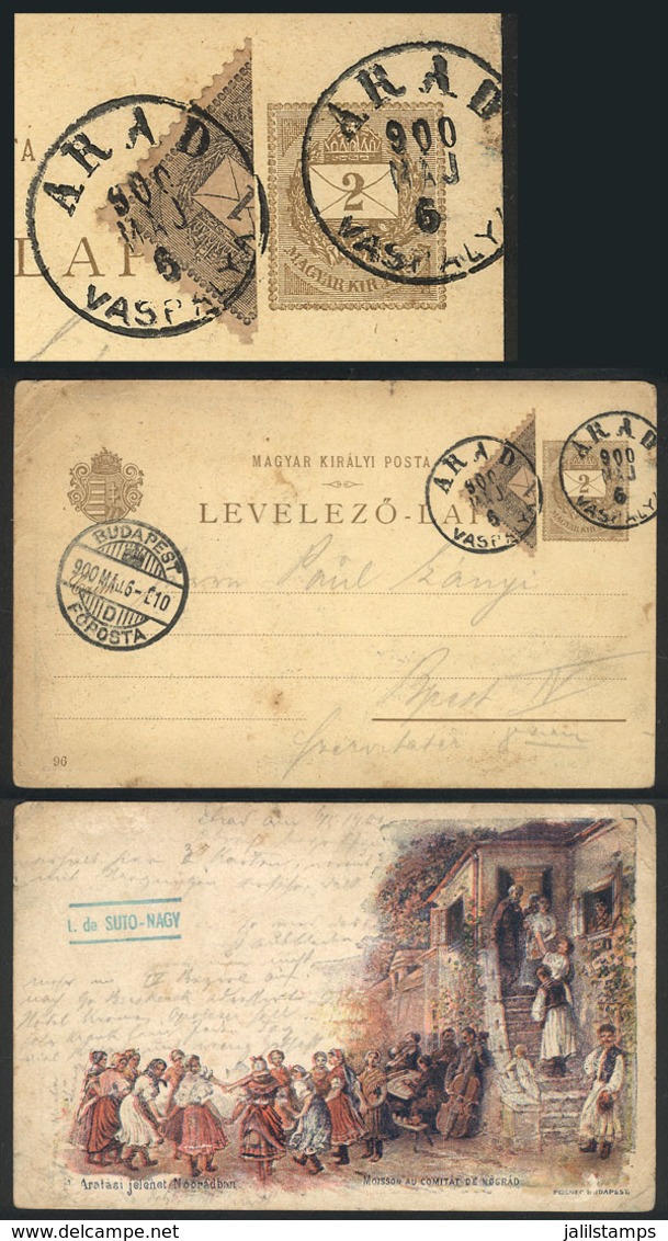 HUNGARY: 6/MAY/1900 ARAD - Budapest: 2k. Postal Card Illustrated On Back + 1k. BISECT Stamp (total 2.50k.), With Arrival - Lettres & Documents