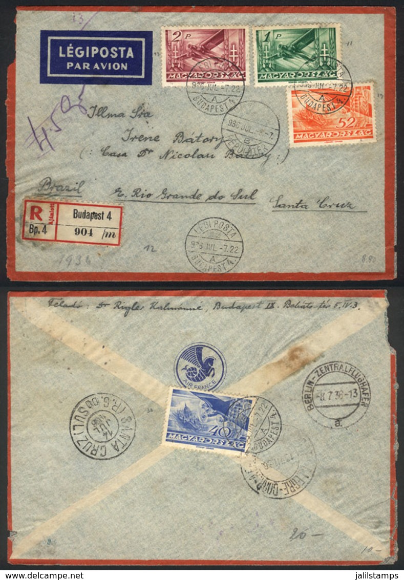 HUNGARY: Registered Airmail Cover Sent From Budapest To Brazil On 8/JUL/1936 By Germany (transit Backstamp Of Berlin) - Covers & Documents