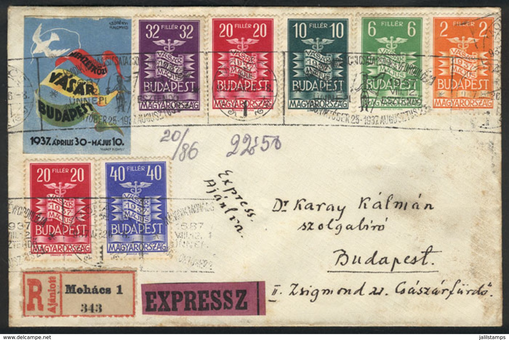 HUNGARY: Cover Sent From Mohácz To Budapest On 26/MAR/1937, With The Set Of 6 Values + Commemorative Cinderella And Post - Cartas & Documentos