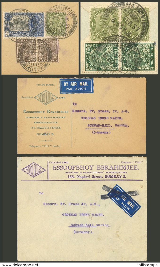 INDIA: 2 Airmail Covers Sent From Bombay To Germany In 1935 And 1937 With Attractive Postage On Back, Very Fine Quality! - Briefe U. Dokumente