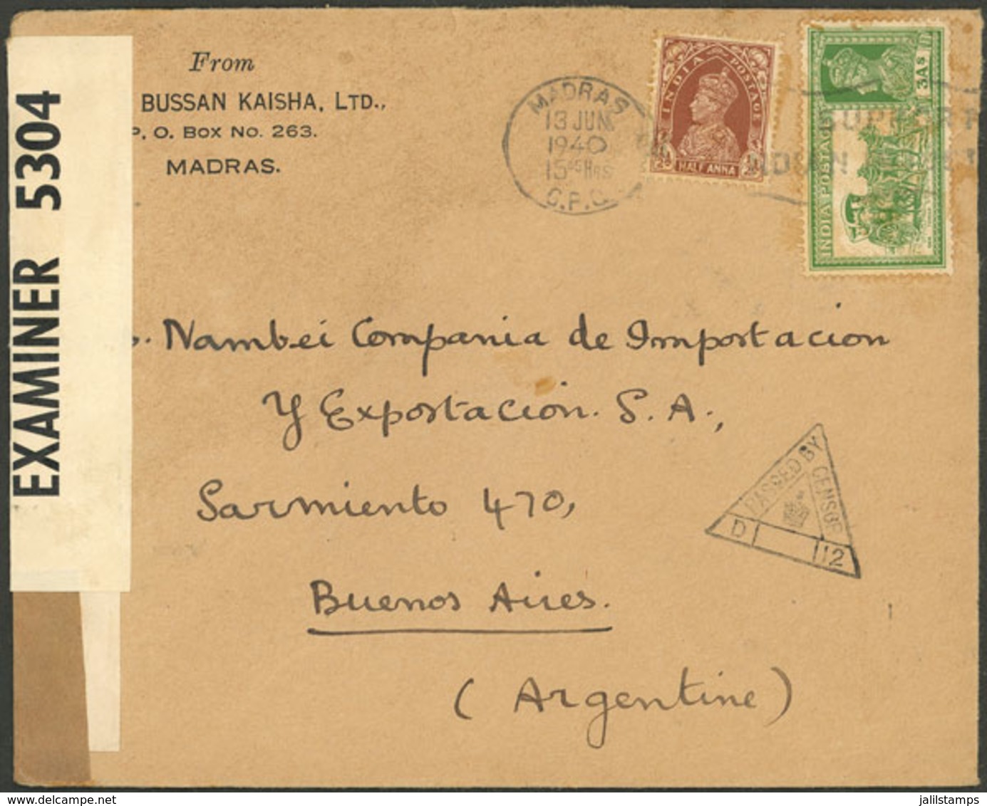 INDIA: 13/JUN/1940 Madras - Argentina, Cover Franked With 3½a., With Double Indian + British Censorship, VF! - Storia Postale