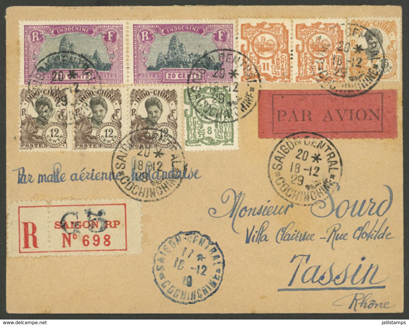 INDOCHINA: 18/DE/1929 Saigon - Paris, First Flight By AA And KLM, Registered Cover With Very Nice Multicolor Postage, VF - Autres - Asie