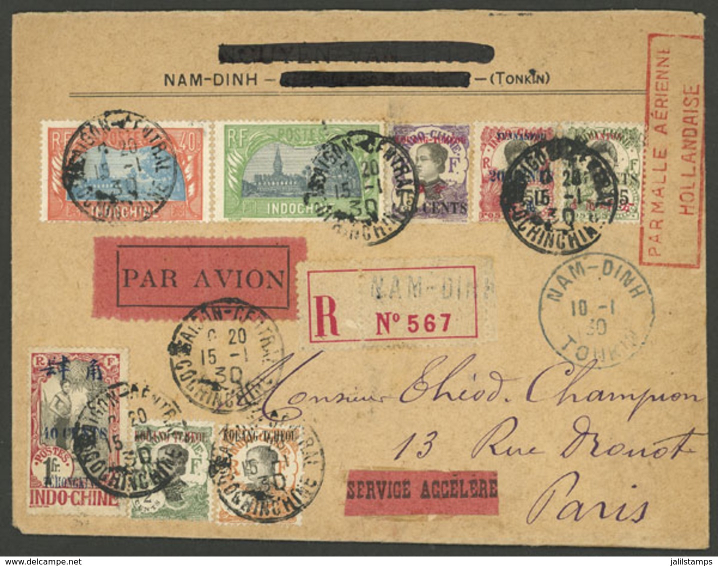 INDOCHINA: 15/JA/1930 Saigon - Paris, Second Flight By AA And KLM, Registered Cover With Very Nice Multicolor Postage, V - Asia (Other)