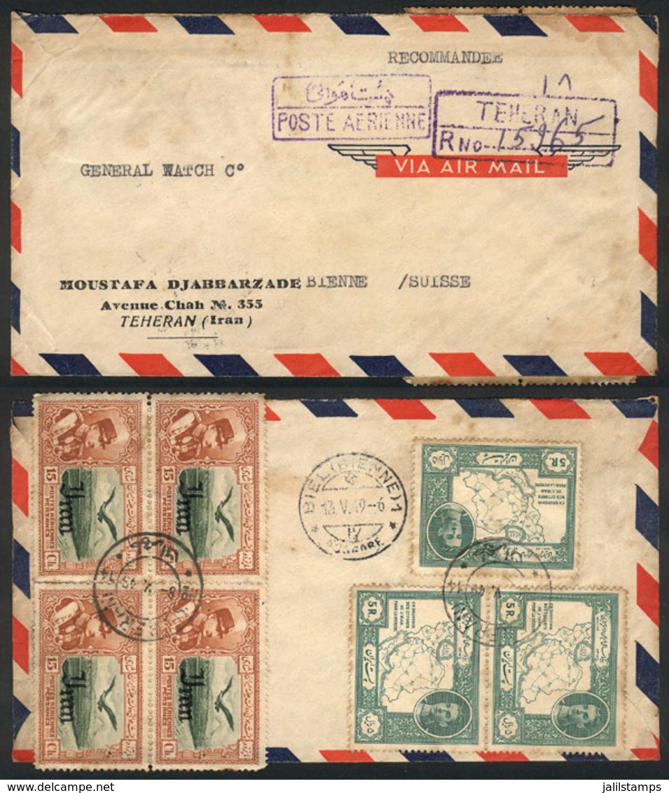 IRAN: Registered Airmail Cover Sent From Teheran To Switzerland On 8/MAY/1949 With Attractive Franking Applied On Back! - Iran