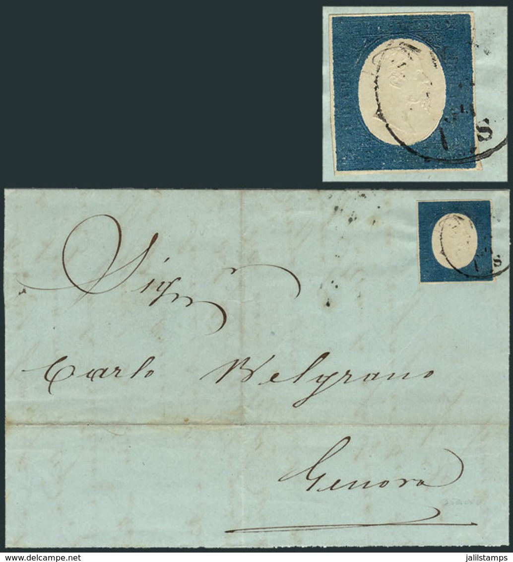 ITALIA: Sc.8, 1854 20c. Blue, 4 Complete Margins, Franking A Folded Cover Sent From Savona To Genova On 16/NO/1854, Exce - Sardegna