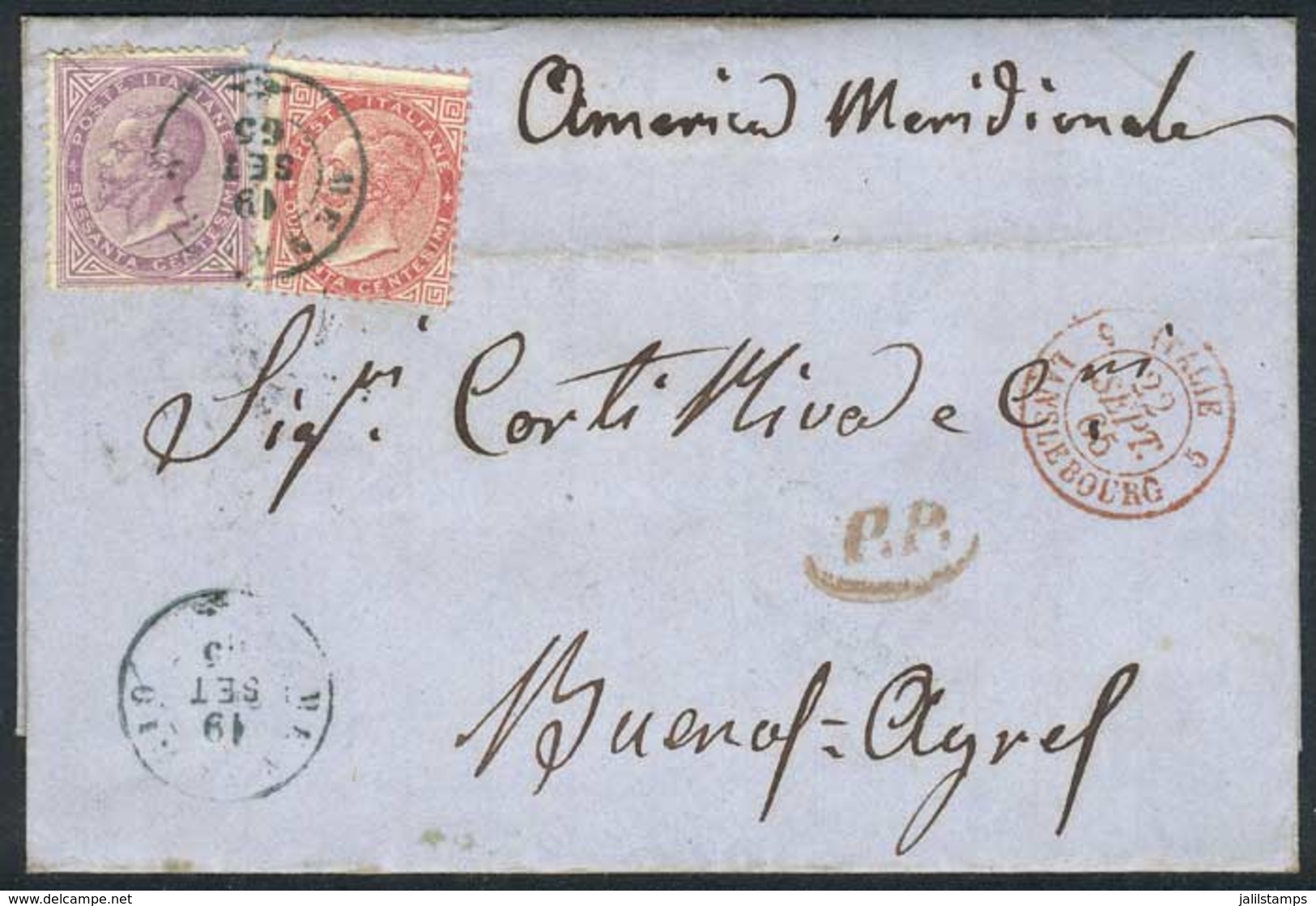ITALY: 19/SEP/1865 MENAGGIO - ARGENTINA: Letter Franked By Sc.31 + 32 (Sa.L20+L21), Datestamp Of Menaggio, With Several  - 1. ...-1850 Vorphilatelie