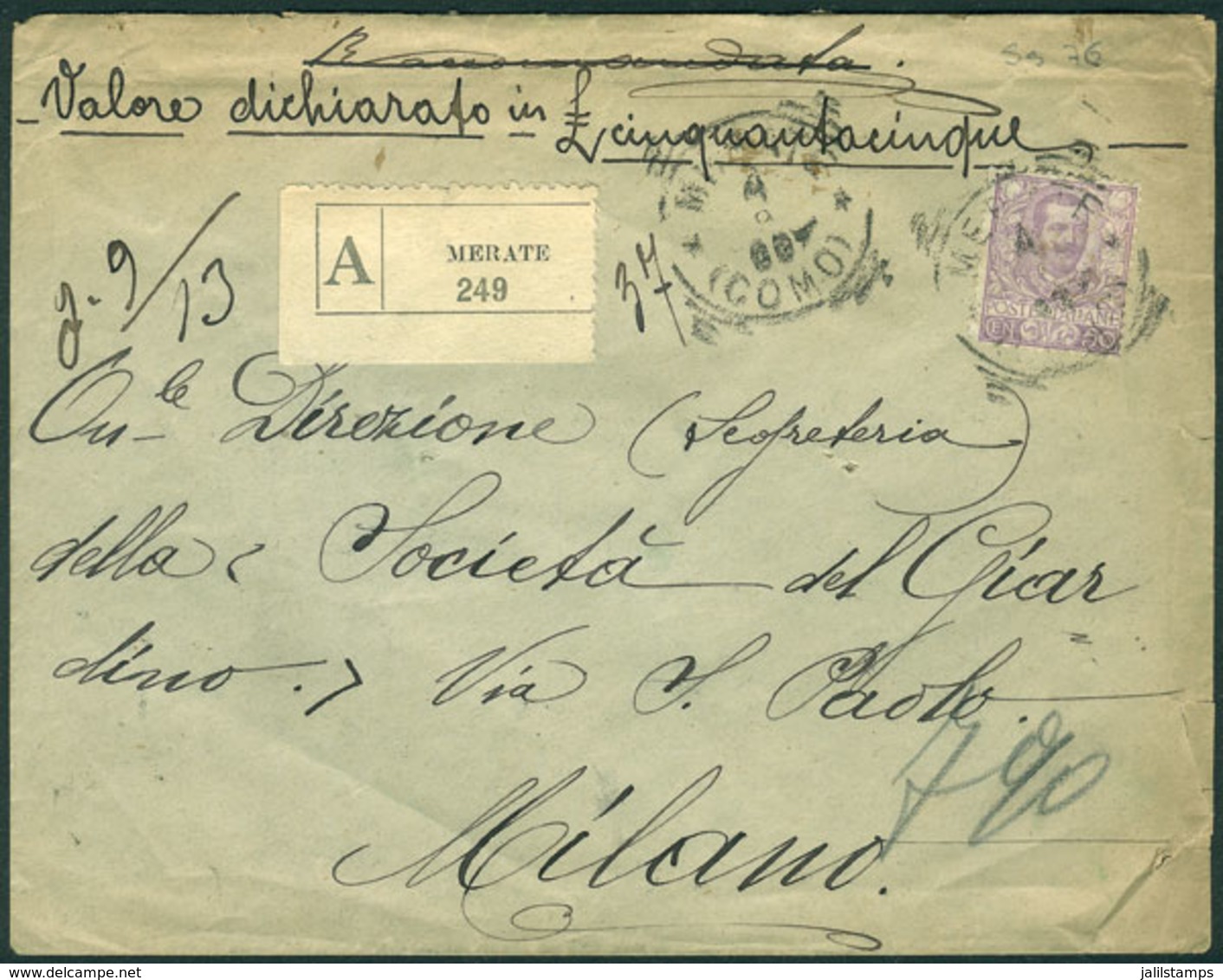 ITALY: Cover Franked By Sc.85 (50c. Violet Of 1901/26) Alone, Sent With Declared Value From Merate (Como) To Milano On 4 - 1. ...-1850 Prefilatelia