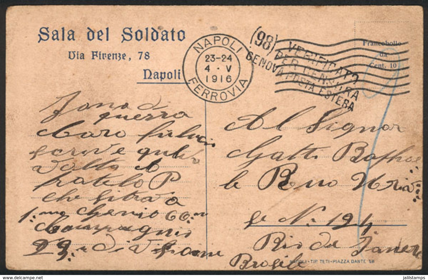 ITALY: Card For Soldiers' Mail Sent With Military Free Frank From Napoli To Rio De Janeiro On 4/MAY/1916, Interesting! - 1. ...-1850 Prephilately