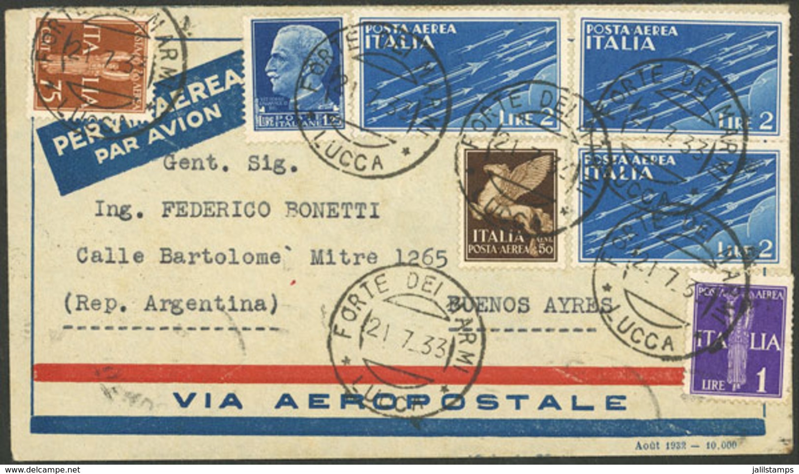 ITALY: 21/JUL/1933 Forte Dei Marmi - Argentina, Airmail Cover Sent By Aeropostale To Buenos Aires, Franked With 9.50L.,  - 1. ...-1850 Vorphilatelie