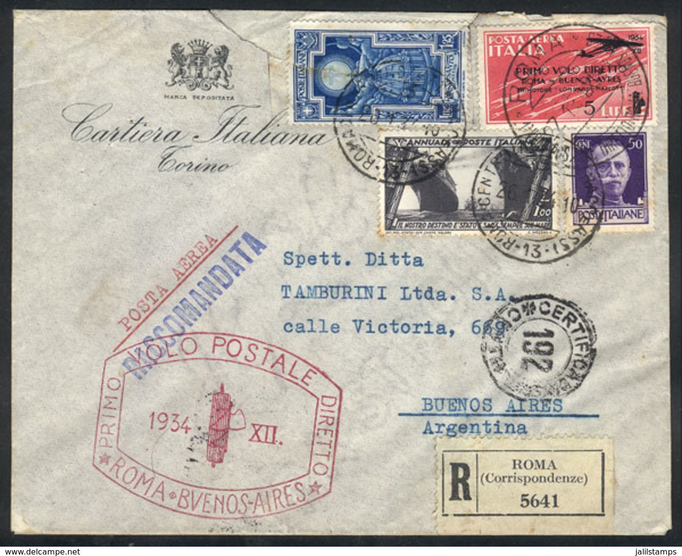 ITALY: 26/JA/1934 First Airmail Roma - Buenos Aires, The Plane Crashed In Fortaleza, Cover Franked By Sc.C54 (US$600 On  - ...-1850 Préphilatélie