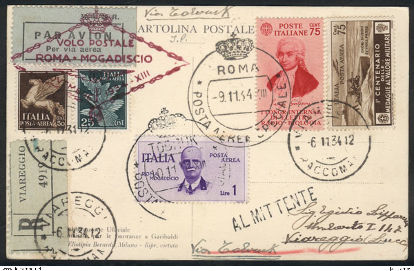 ITALY: 9/NO/1934 Roma - Tobruk: First Airmail By Ala-Littoria, Postcard With Special Handstamp And Arrival Mark, Excelle - 1. ...-1850 Prephilately