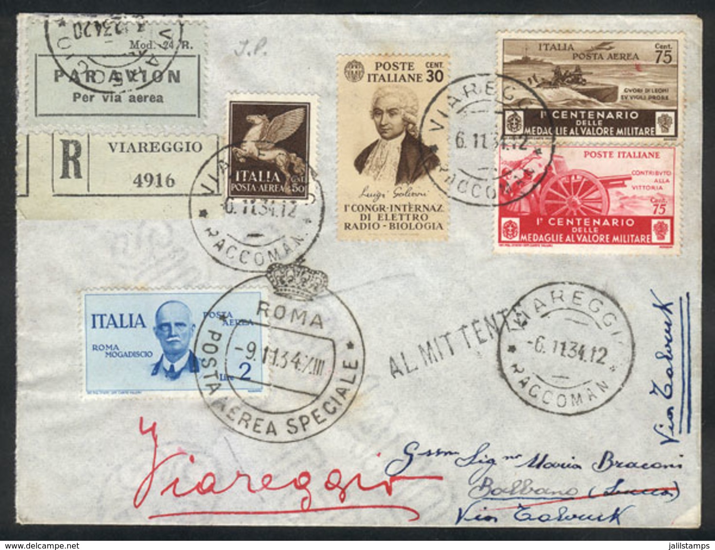 ITALY: 9/NO/1934 Roma - Tobruk: First Airmail By Ala-Littoria, Cover With Special Handstamp And Arrival Mark, Excellent  - ...-1850 Préphilatélie