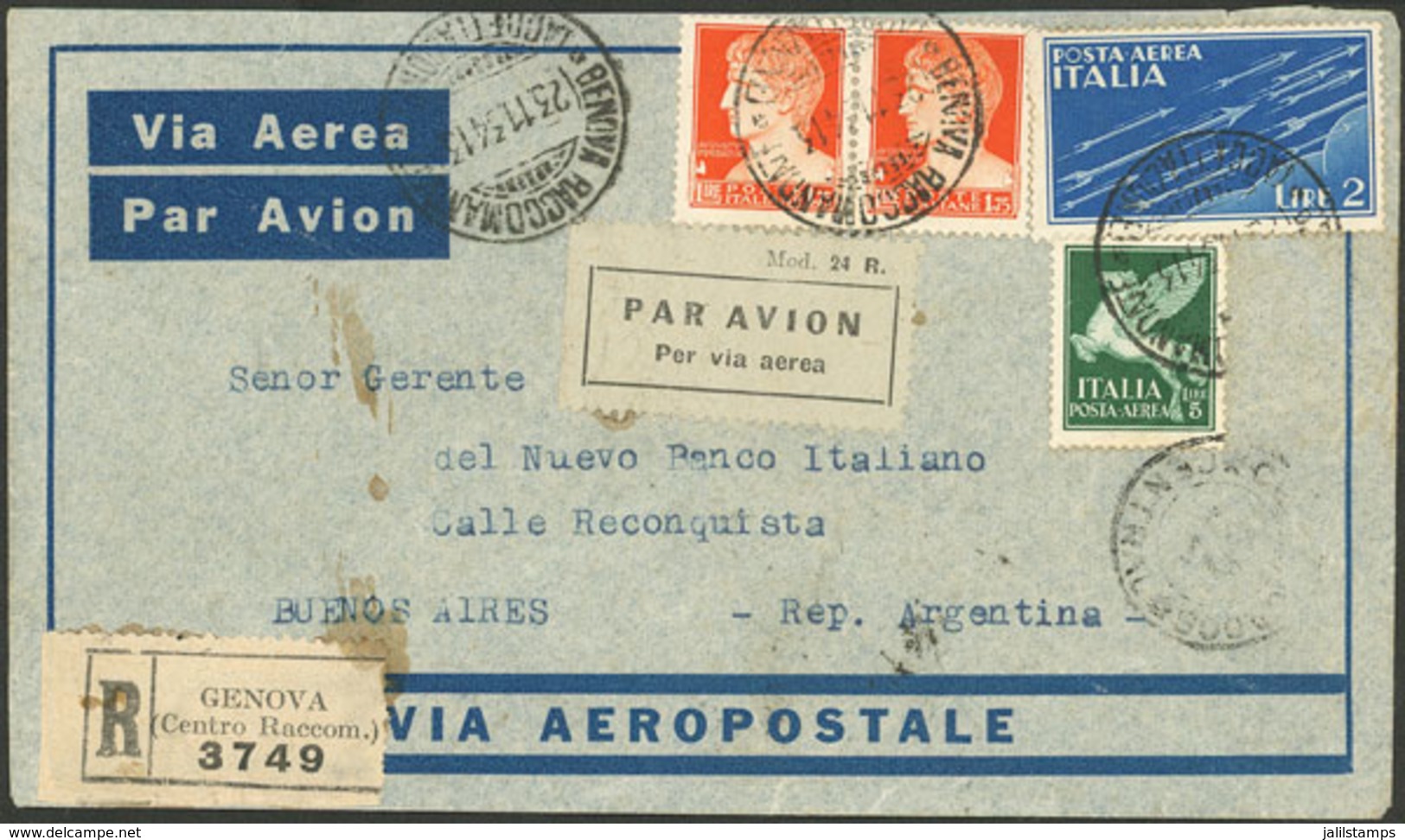 ITALY: 23/NO/1934 Genova - Argentina, Registered Airmail Cover Franked With 10.50L, Flown By Aeropostale, VF Quality! - ...-1850 Préphilatélie