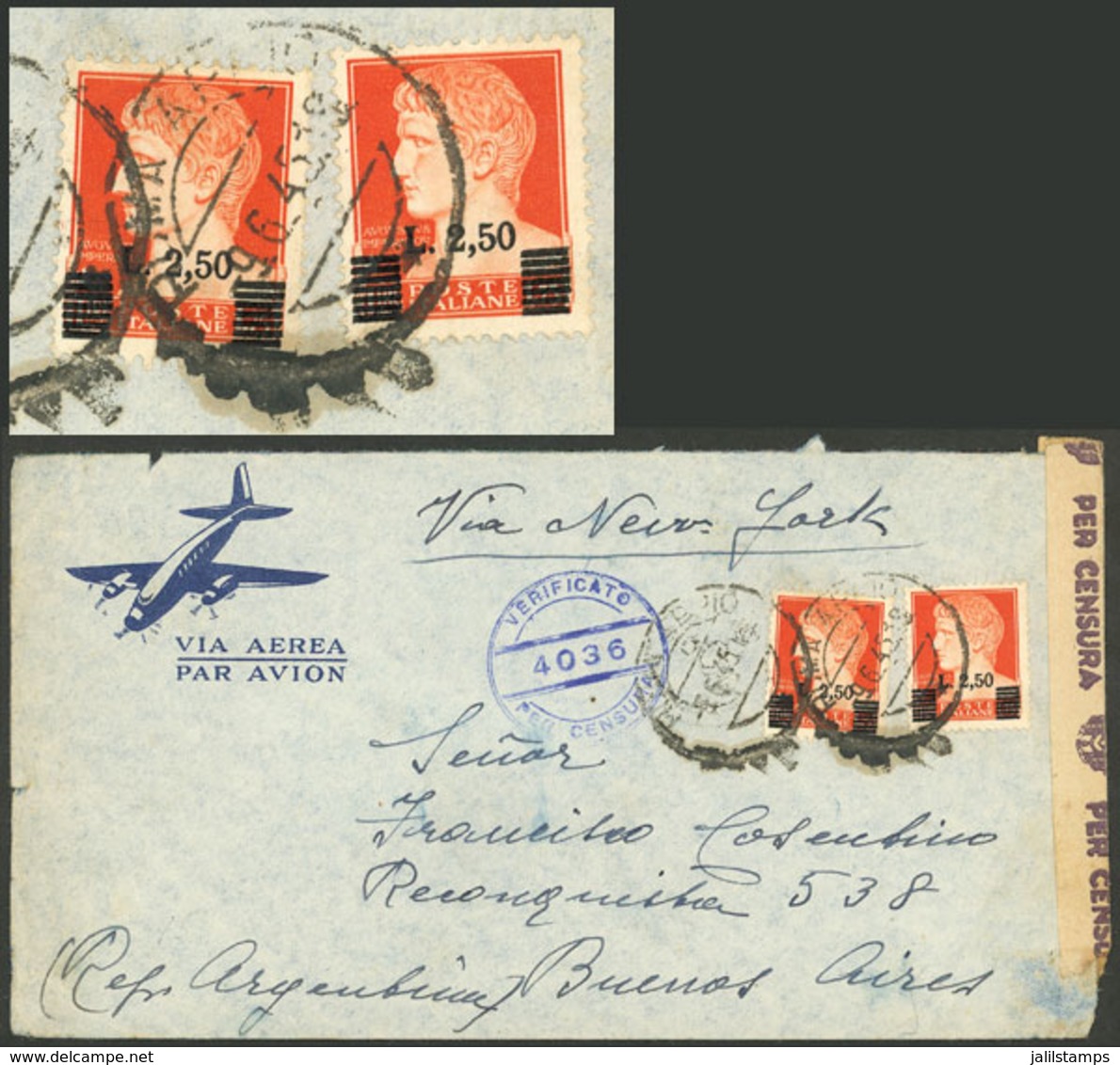 ITALY: 5/JUN/1945 Roma - Argentina, Airmail Cover Franked With 5L., With Censor Mark And Label, Interesting! - ...-1850 Préphilatélie