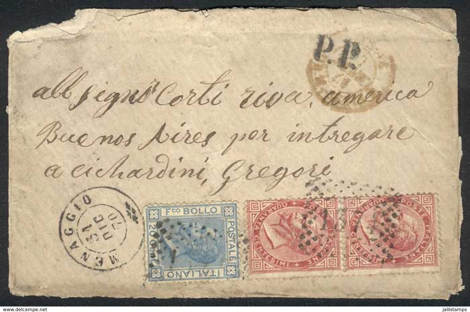 ITALY: 31/DEC/1870 MENAGGIO - ARGENTINA: Cover Franked By Sc.31 Pair + 35 (Sa.20 + 26), Numeral Cancel "1371", Several P - 1. ...-1850 Vorphilatelie