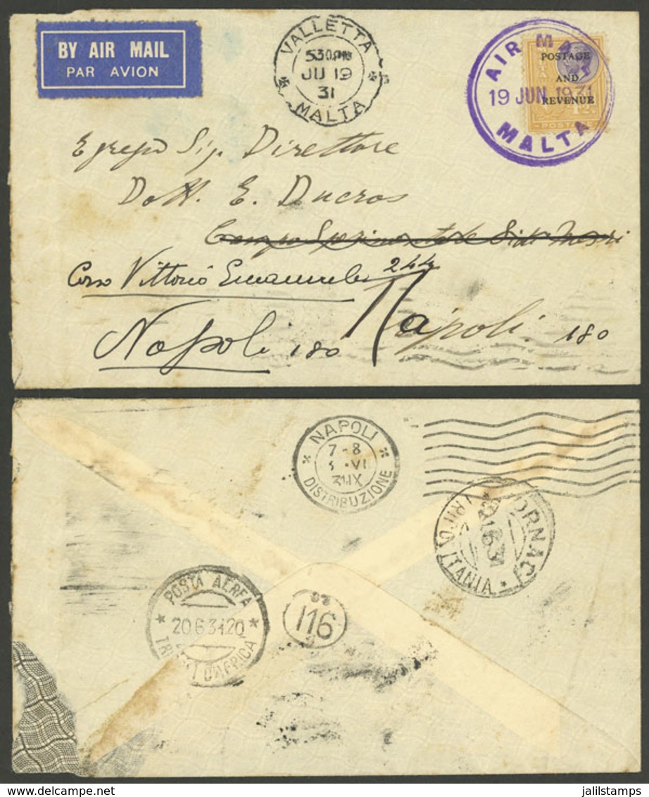 MALTA: 19/JUN/1931 Valetta - TRIPOLI, First Flight With Arrival Backstamp Of 20/JUN And Forwarded To Napoli, Interesting - Malta