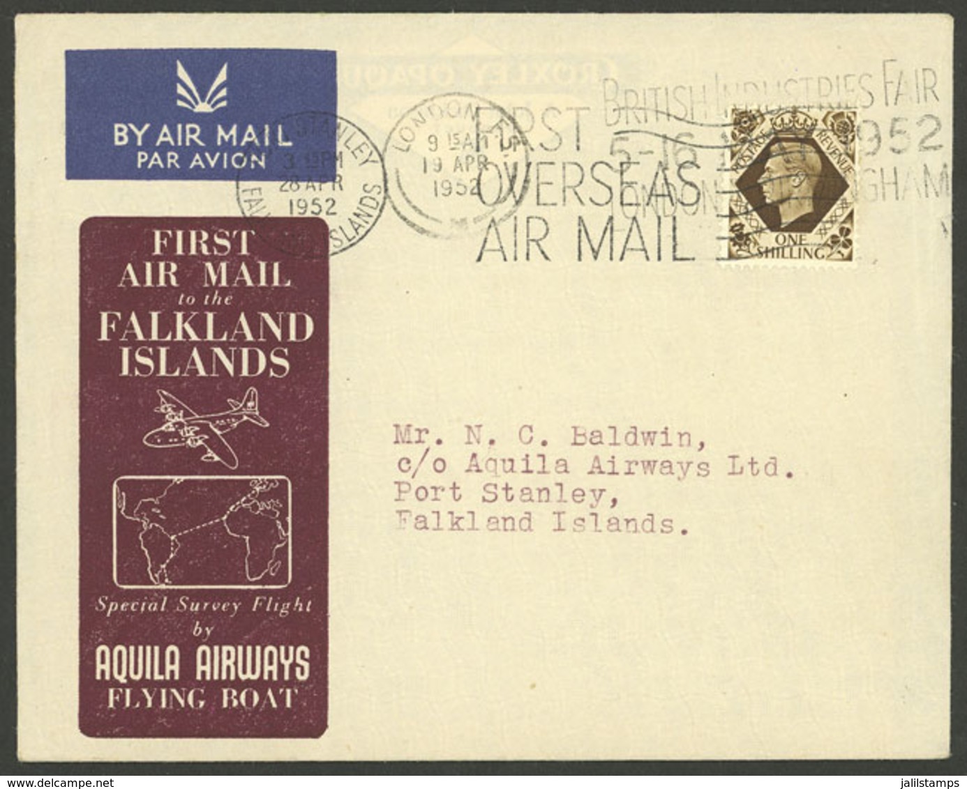 FALKLAND ISLANDS (MALVINAS): 19/AP/1952 London - Stanley, Airmail Cover Flown On The First Transoceanic Flight By Aquila - Falklandeilanden