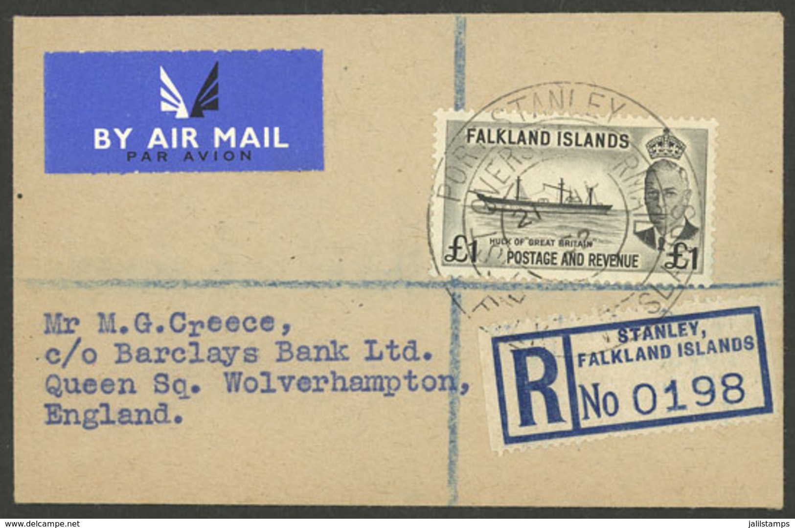 FALKLAND ISLANDS (MALVINAS): 21/MAY/1952 Stanley - England, Registered Airmail Cover Franked With 1£, Flown On The First - Falklandinseln