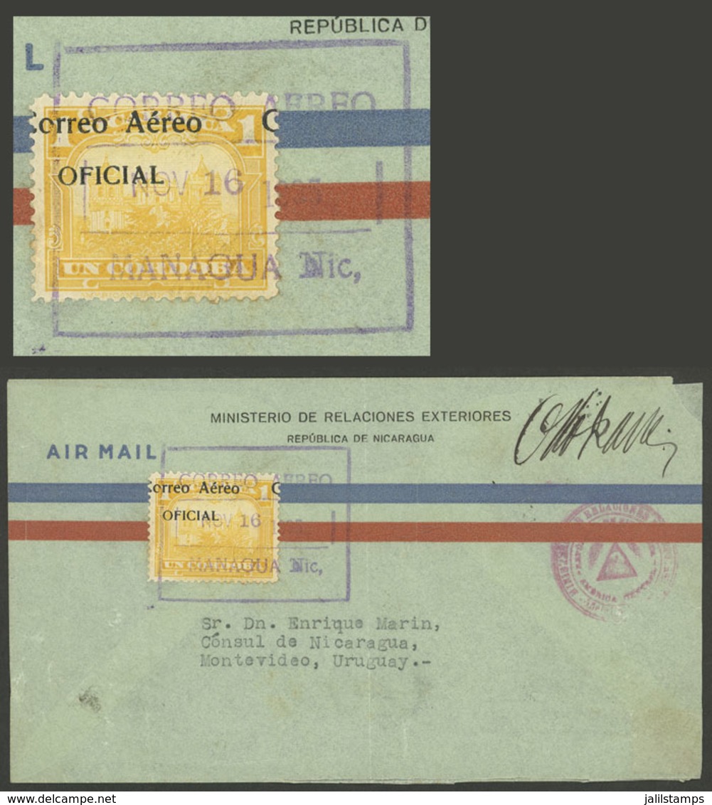 NICARAGUA: Official Airmail Cover Sent From Managua To Uruguay On 16/NO/1935 Franked With 1C., Arrival Backstamp, Rare! - Nicaragua