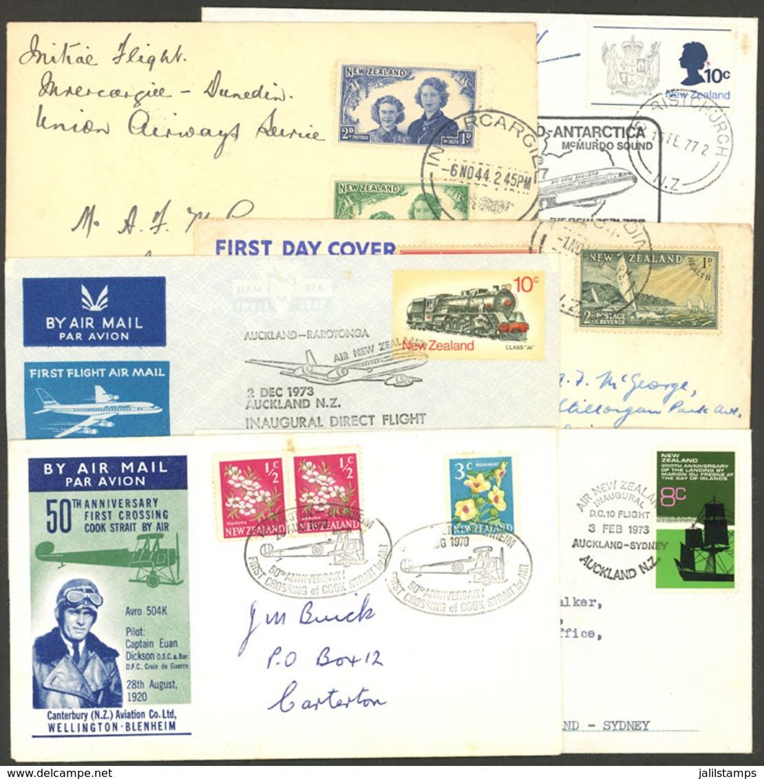 NEW ZEALAND: 6 Covers Flown Between 1944 And 1977, Mostly FIRST FLIGHTS, Very Interesting Lot For The Specialist. IMPORT - Storia Postale
