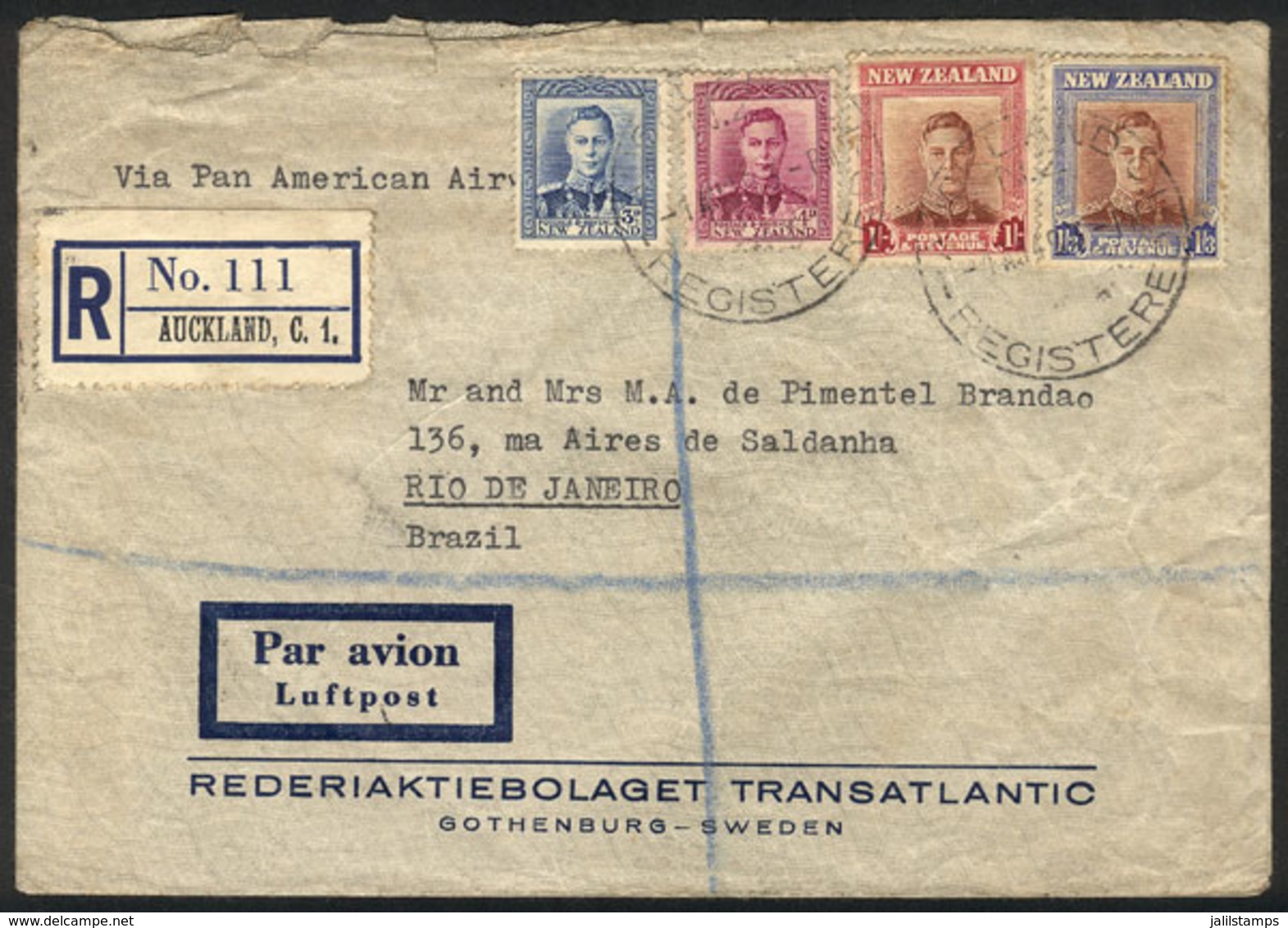 NEW ZEALAND: Registered Airmail Cover Sent From Auckland To Brazil On 1/AU/1949 With Very Nice Postage, Minor Defects, I - Lettres & Documents