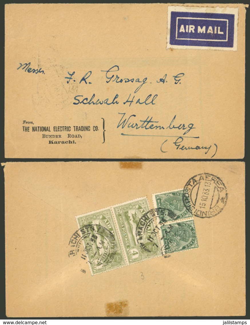 PAKISTAN: 11/OC/1933 KARACHI - Germany, Airmail Cover With Postage On Back (British India Stamps), And Transit Mark Of B - Pakistan