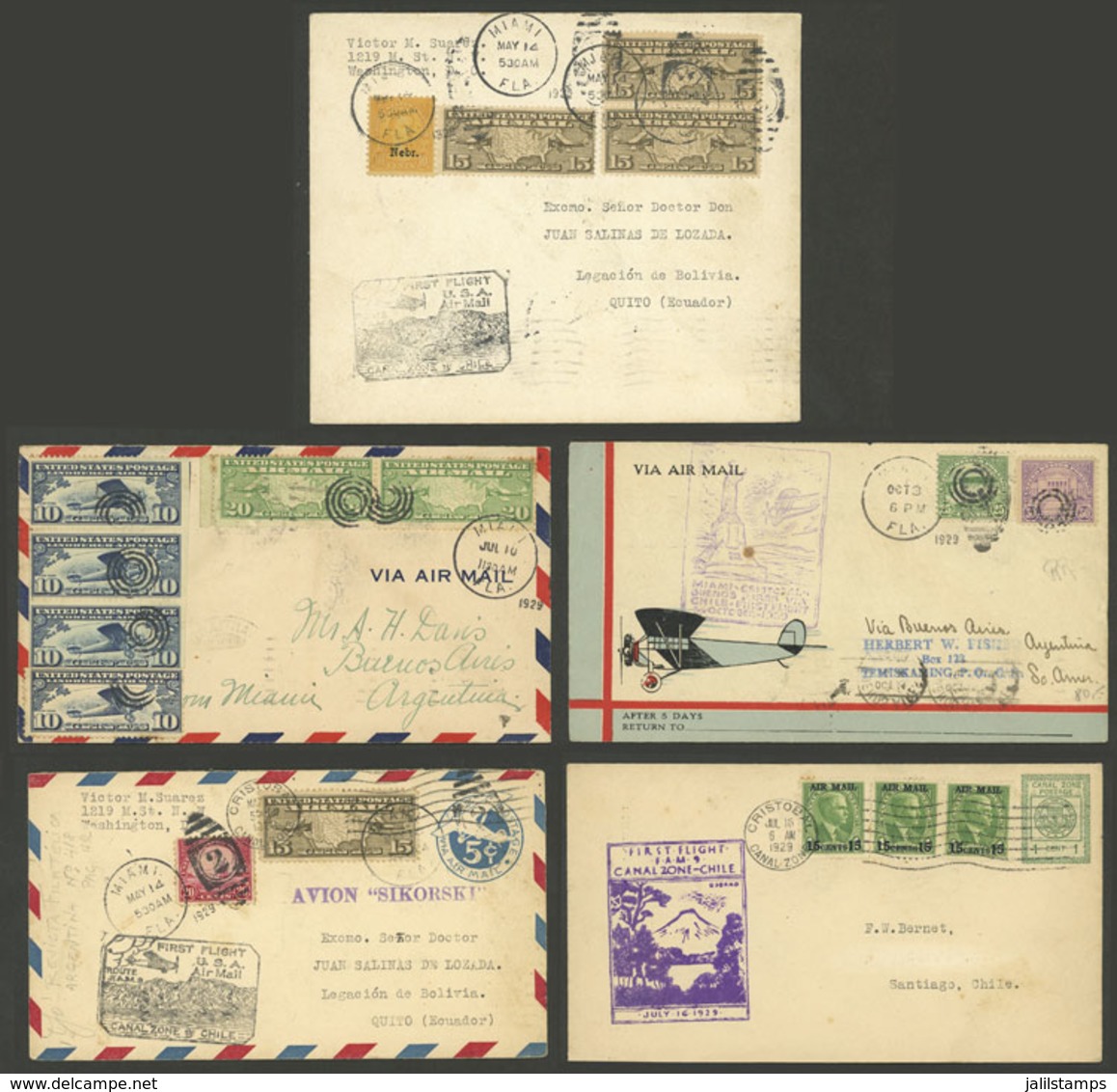 PANAMA - CANAL ZONE: Year 1929: 5 Covers Carried On First Flights Between Cristobal And Santiago De Chile, Quito (2) And - Panama