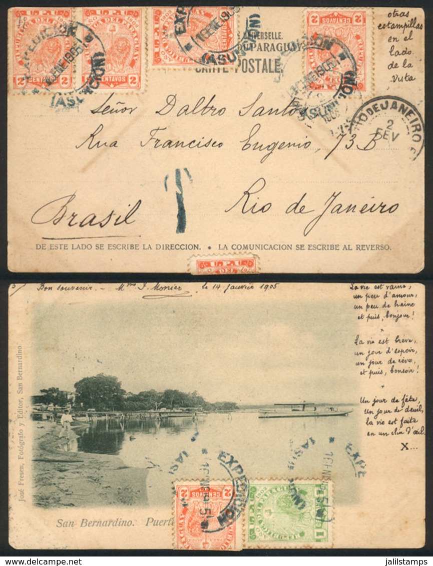 PARAGUAY: Postcard With View Of The Port Of San Bernardino, Sent To Rio De Janeiro On 16/JA/1905 Franked With 11c., With - Paraguay