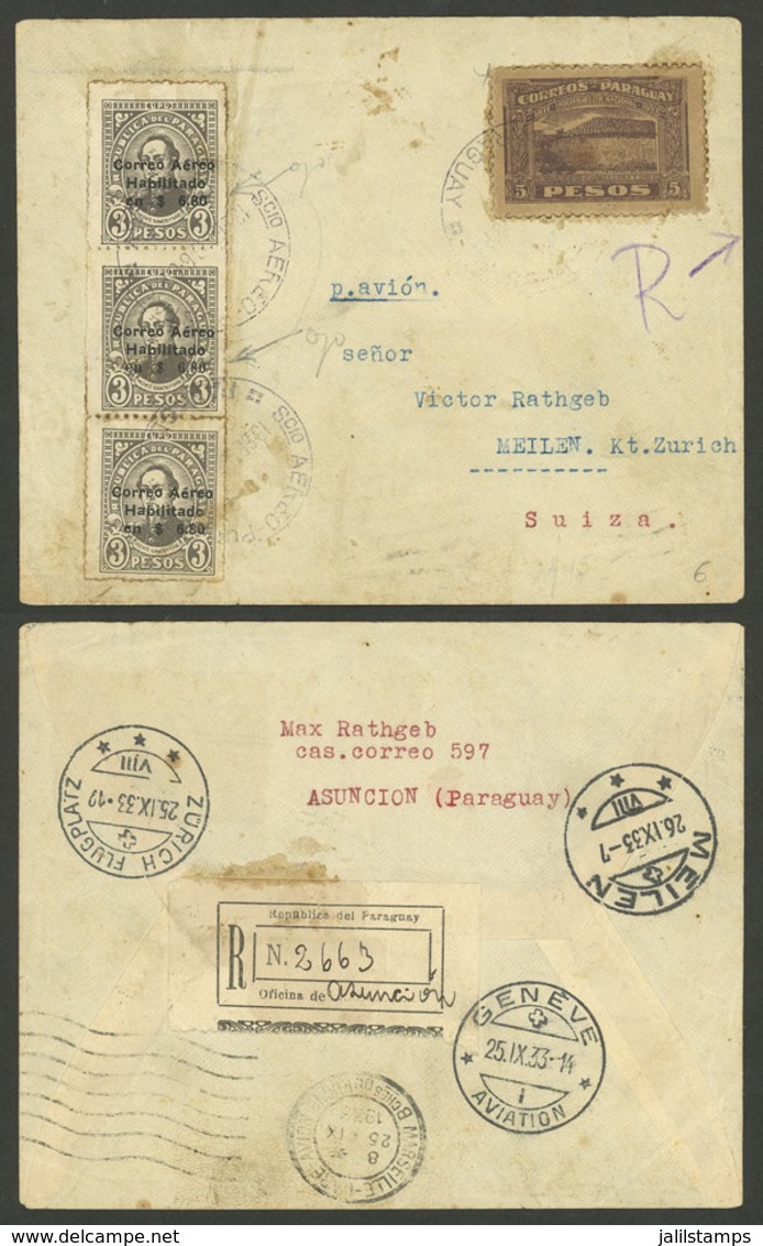 PARAGUAY: 13/SE/1933 Asunción - Meilen (Switzerland), Registered Airmail Cover With Transit Marks On Back Of Marseille,  - Paraguay