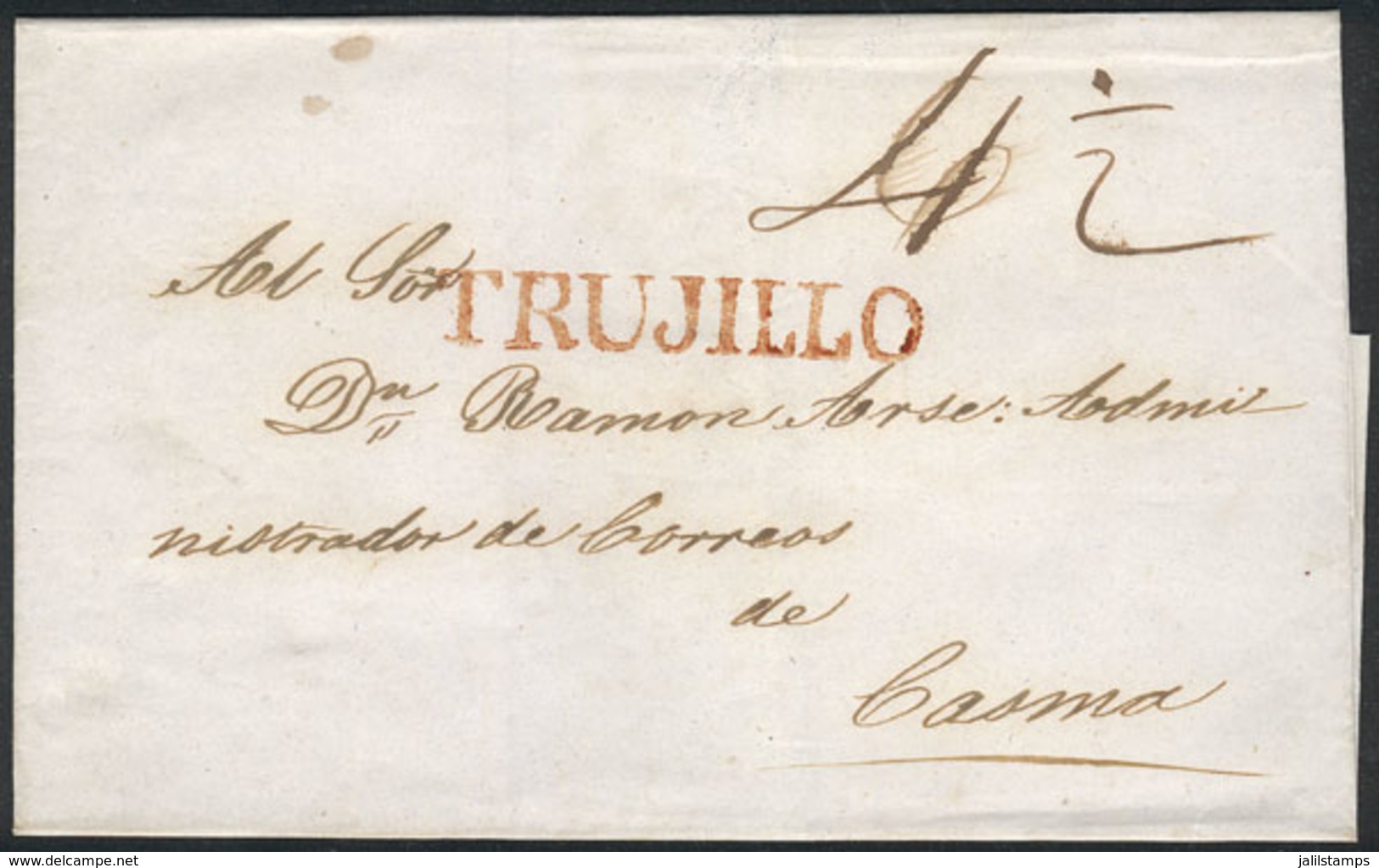PERU: Circa 1840, Folded Cover Sent To Casma, With Red TRUJILLO Mark Perfectly Applied, Excellent Quality! - Pérou