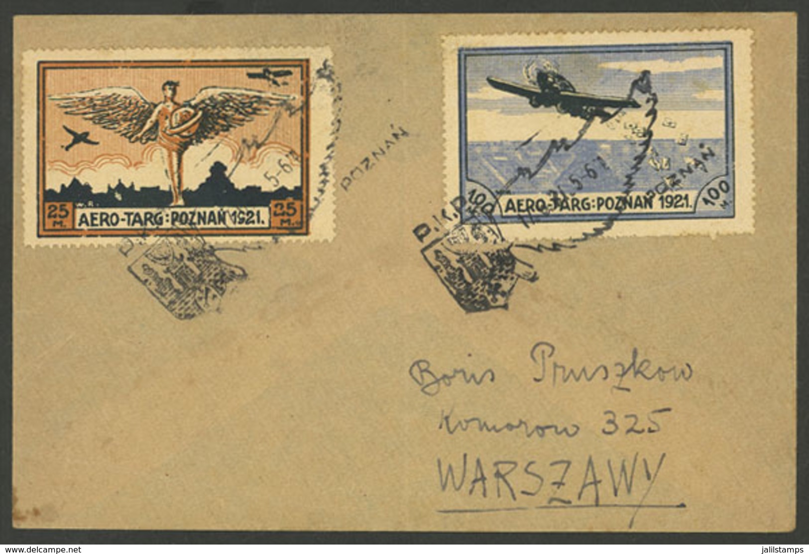 POLAND: 17/JUN/1921 Cover Flown On The Poznan Air Show, Bearing 2 Cinderellas With Special Cancel, Very Nice! - Lettres & Documents