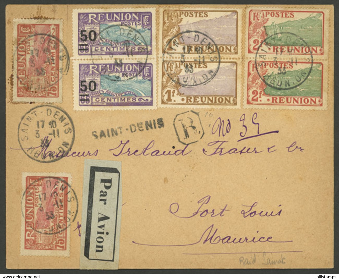 REUNION: 3/NO/1933 Saint-Denis - Port Louis (Mauritius), Special Flight, Raid Samat (special Cachet On Back And Arrival  - Covers & Documents