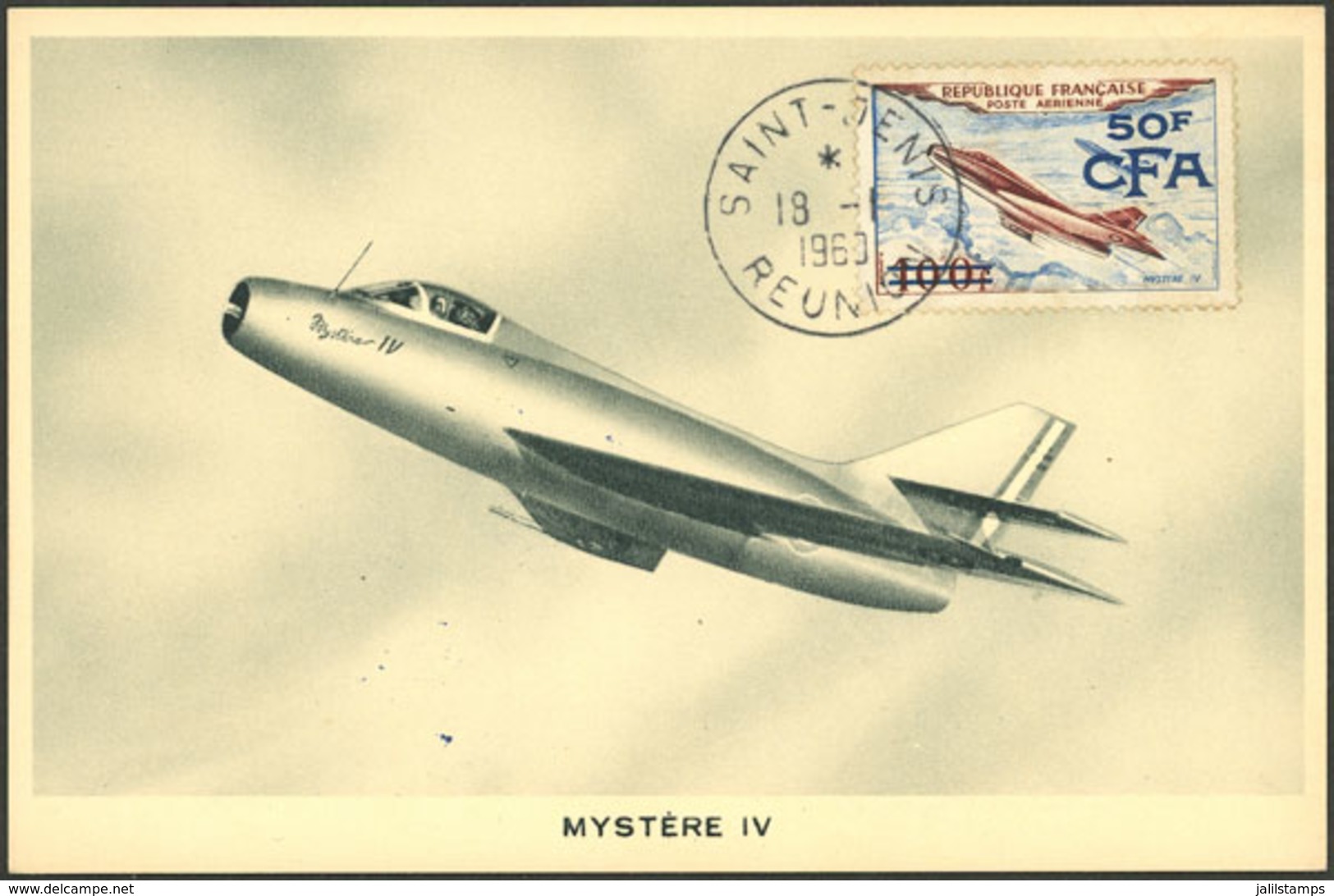 REUNION: 18/JA/1960 Maximum Card With View Of Airplane Mystere IV, Sent From Saint Denis To France, VF! - Briefe U. Dokumente