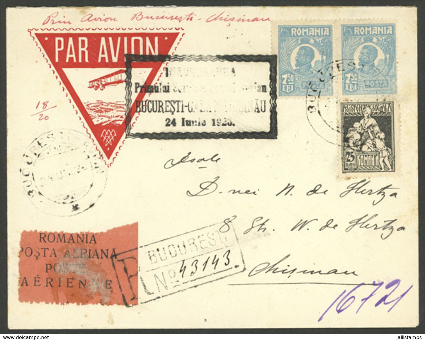 ROMANIA: 24/JUN/1926 Bucharest - Chisinau, First Flight, Registered Cover With Special Cachet, Arrival Backstamp, VF Qua - Storia Postale