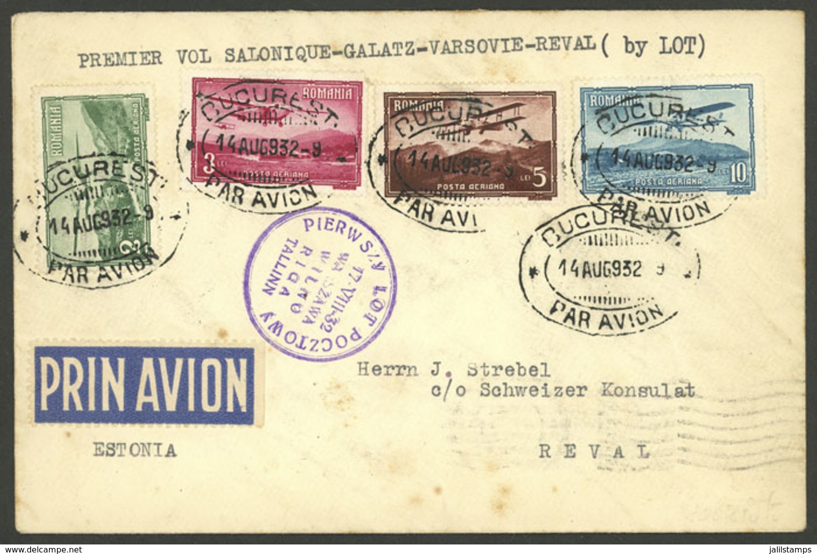 ROMANIA: 14/AU/1932 Bucharest - Reval, LOT First Flight, On Back Transit And Arrival Marks, Very Nice! - Briefe U. Dokumente