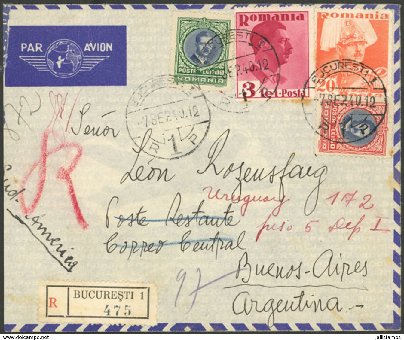 ROMANIA: 7/SE/1940 Bucharest - Argentina, Registered Airmail Cover With Nice 4-color Postage, Arrival Backstamp, Unusual - Briefe U. Dokumente