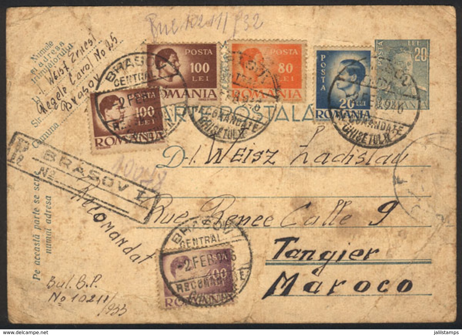 ROMANIA: Postal Card + Nice Additional Franking Sent By Registered Mail From Brasov To Tangier On 2/FE/1946, Defects, Ra - Cartas & Documentos