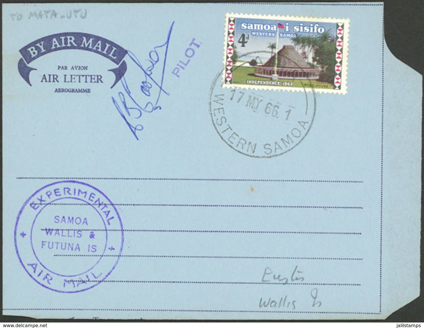 SAMOA I SISIFO: 17/MAY/1966 Apia - Mata-Utu (Wallis & Futuna), Aerogram Flown On Experimental Flight, Signed By The Pilo - Samoa