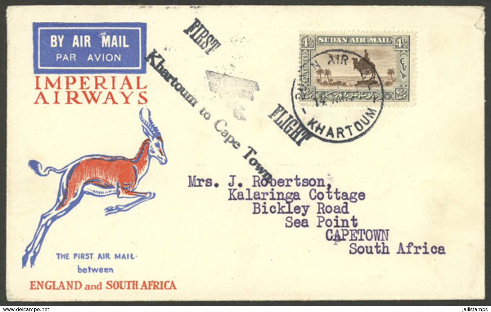 SUDAN: 14/DE/1931 KHARTOUM - South Africa, First Flight Of Imperial Airways, With Transit Backstamp Of Johannesbourg And - Sudan (1954-...)