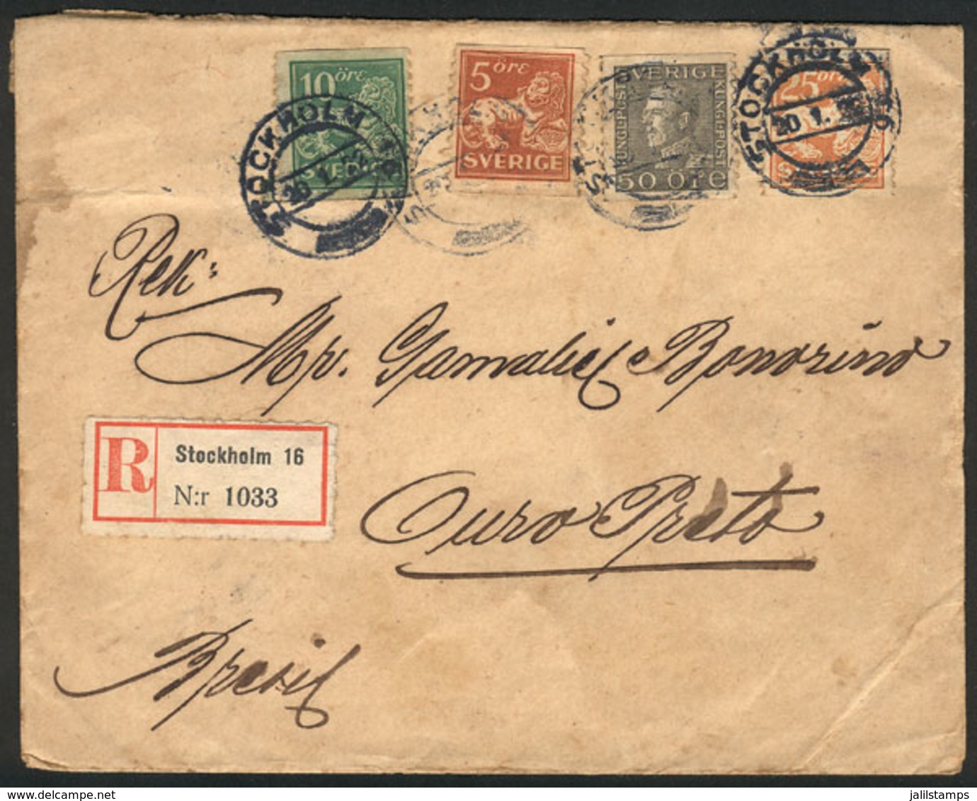 SWEDEN: Registered Cover Sent From Stockholm To Brazil On 20/JA/1922 Franked With 90ö, Very Nice! - Storia Postale