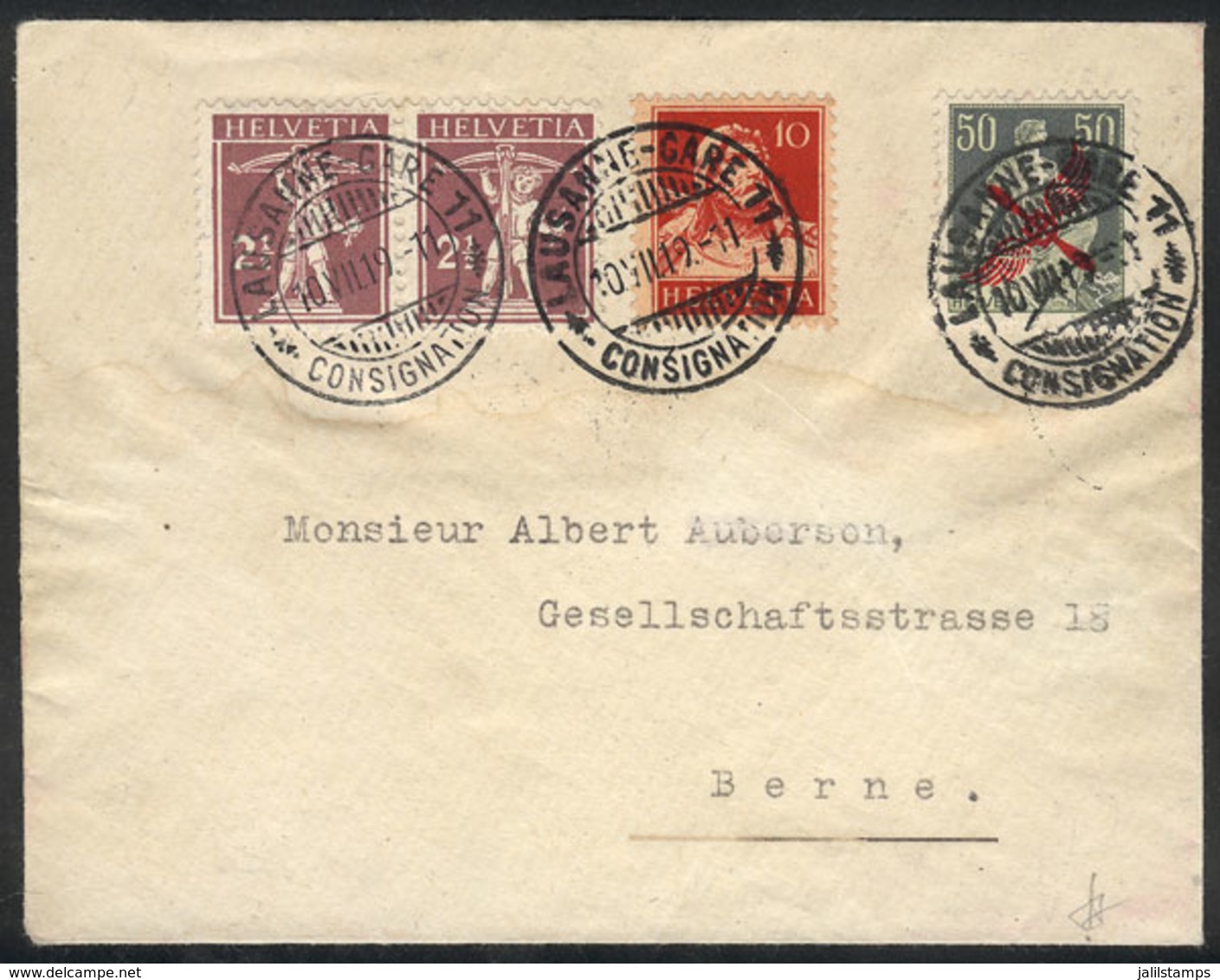 SWITZERLAND: 10/JUL/1919 Lausanne - Berne, Cover Franked By Sc.C2 + Other Values, VF Quality! - Covers & Documents