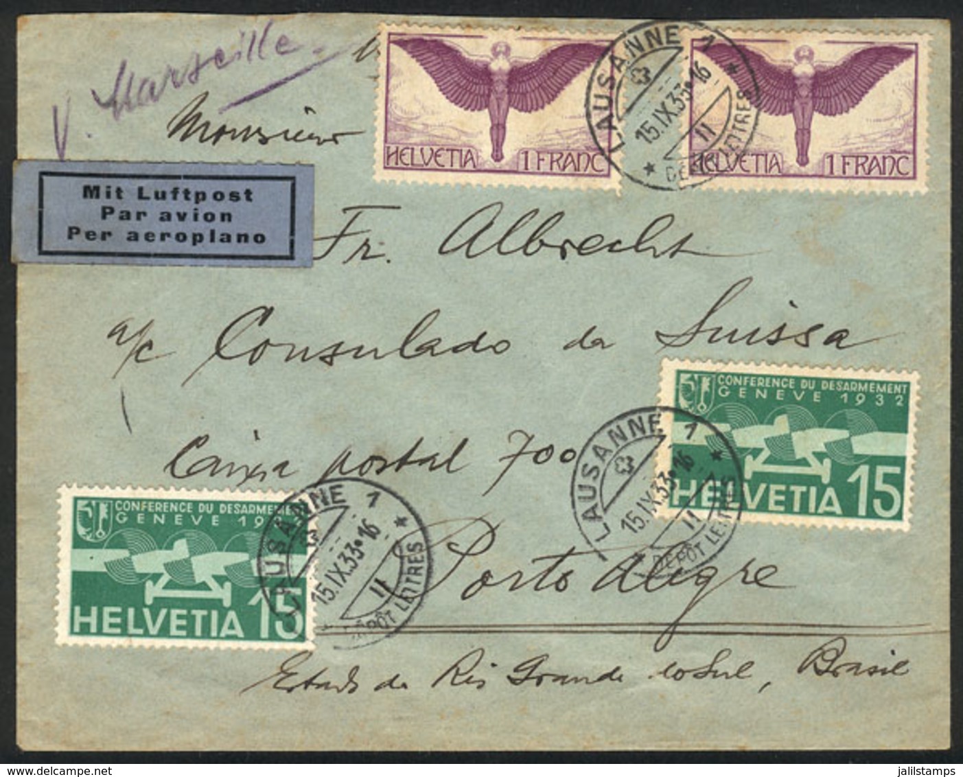 SWITZERLAND: Airmail Cover Sent From Lausanne To Porto Alegre (Brazil) On 15/SE/1933 Franked With 2.30Fr., Interesting! - Cartas & Documentos