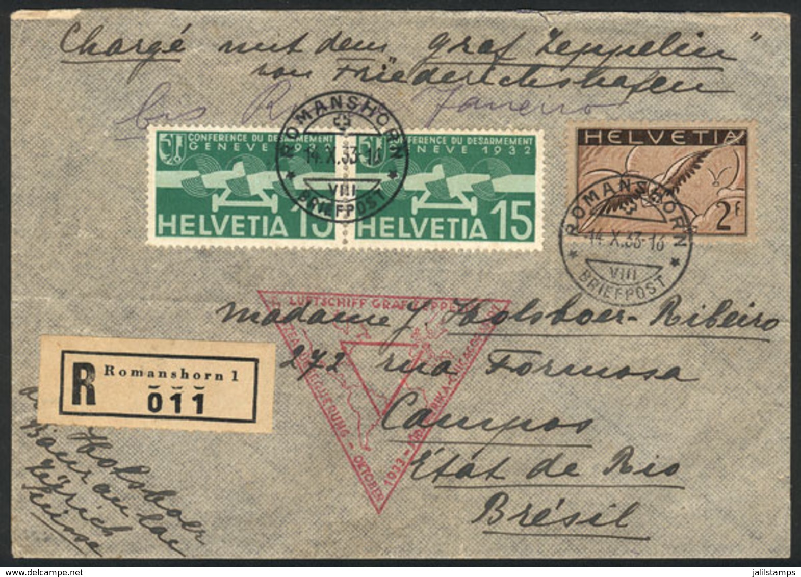 SWITZERLAND: Registered Cover Flown By ZEPPELIN, Sent From Romanshorn To Campos (Brazil) On 14/OC/1933 Franked With 2.30 - Cartas & Documentos