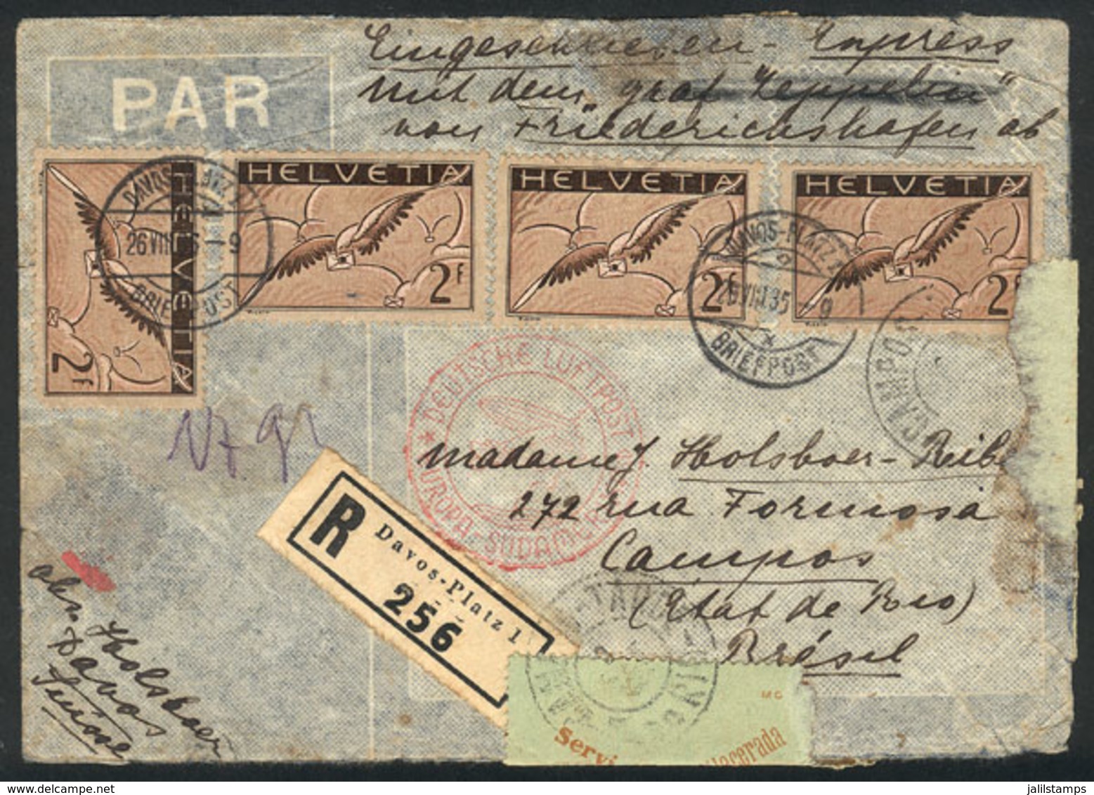 SWITZERLAND: Express Registered Cover Sent From Davos To Campos (Brazil) On 26/AU/1935 Franked With 8Fr., Via Germany DL - Briefe U. Dokumente